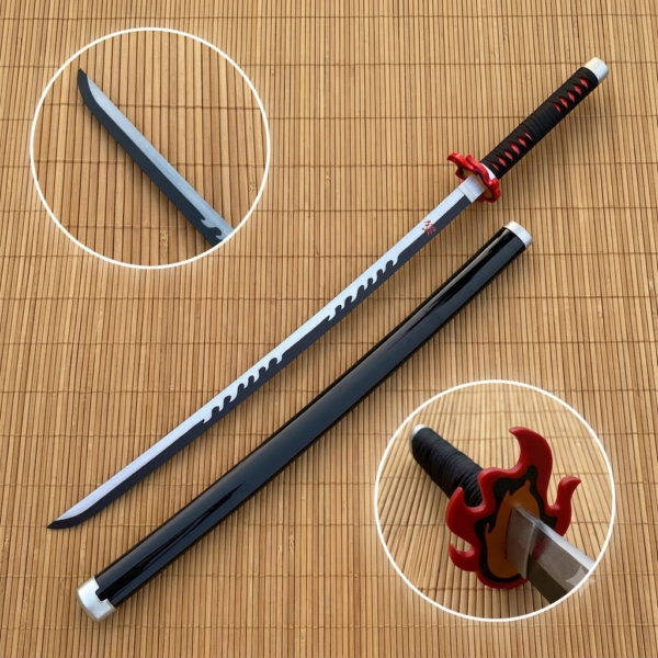 Demon Slayer Tanjiro Fire silver White V2 Cosplay Replica Premium Life Size Wooden Katana [104 CM] || DEMON SLAYER