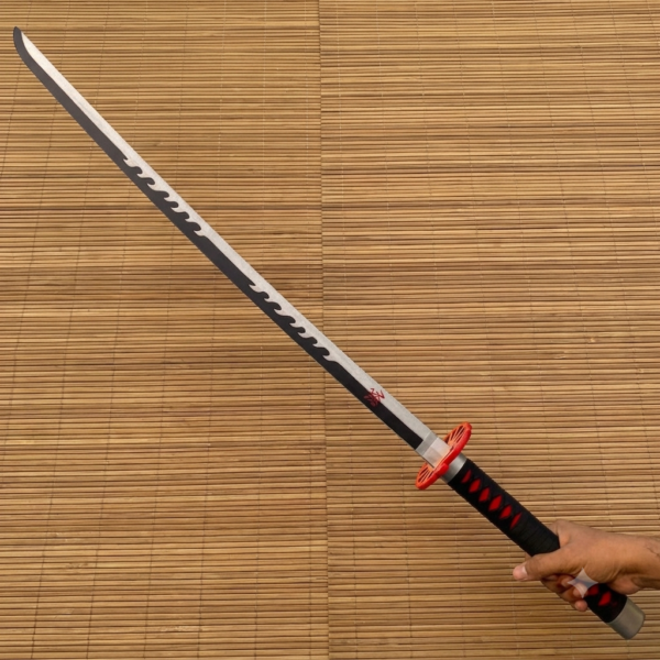 Demon Slayer Tanjiro Fire silver White V2 Cosplay Replica Premium Life Size Wooden Katana [104 CM] || DEMON SLAYER